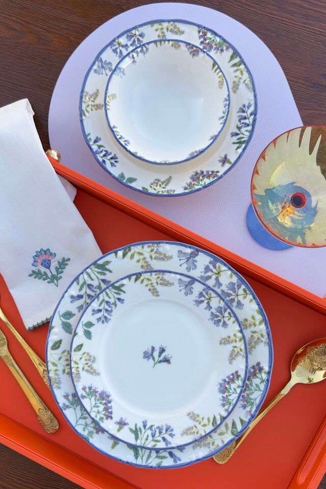 Elegance Rosalinda 24 Parça 6 Kişilik Premium Porselen Yemek Takımı Pembe Bahar Çiçek Desenli Lila