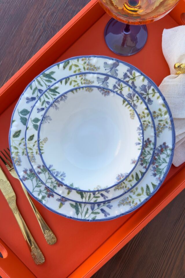 Elegance Rosalinda 24 Parça 6 Kişilik Premium Porselen Yemek Takımı Pembe Bahar Çiçek Desenli Lila