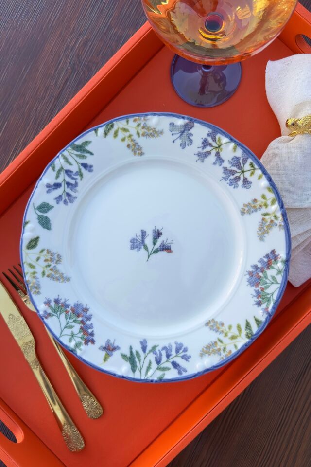 Elegance Rosalinda 24 Parça 6 Kişilik Premium Porselen Yemek Takımı Pembe Bahar Çiçek Desenli Lila