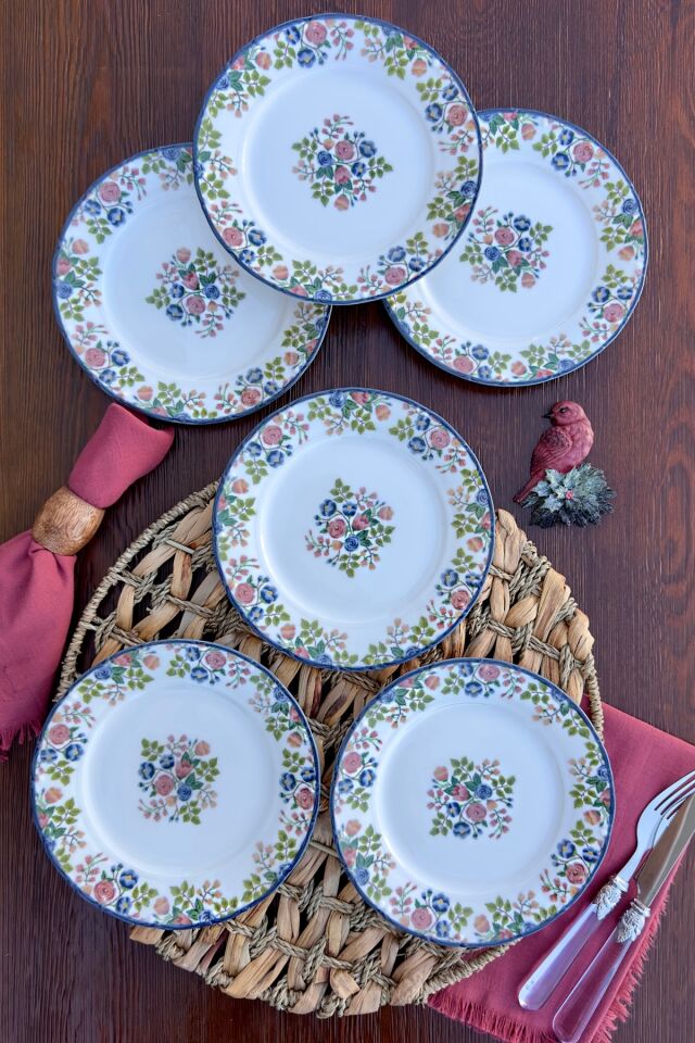 Rosalinda 6 kişilik 19 cm Özel Tasarım Premium Porselen Pasta Tabağı Takımı Pembe Çiçekli Pembe