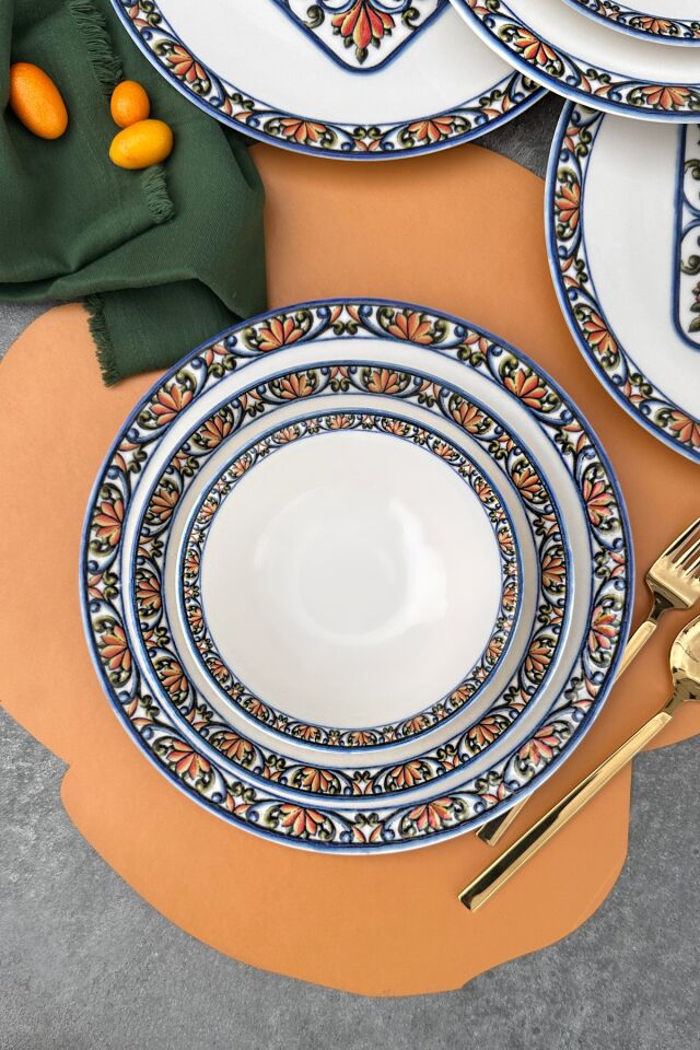 Verde 12 Parça 4 Kişilik Premium Porselen Yemek Takımı Özel Kesim Gri Gold Çiçek Desenli Turuncu