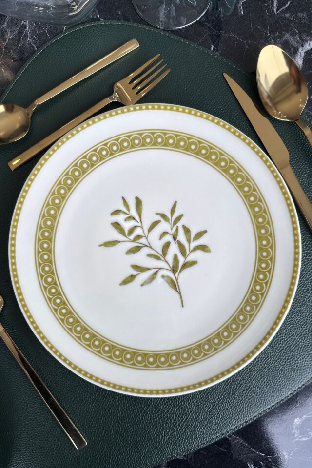 Verde 12 Parça 4 Kişilik Premium Porselen Yemek Takımı Özel Kesim Gri Gold Çiçek Desenli Yeşil