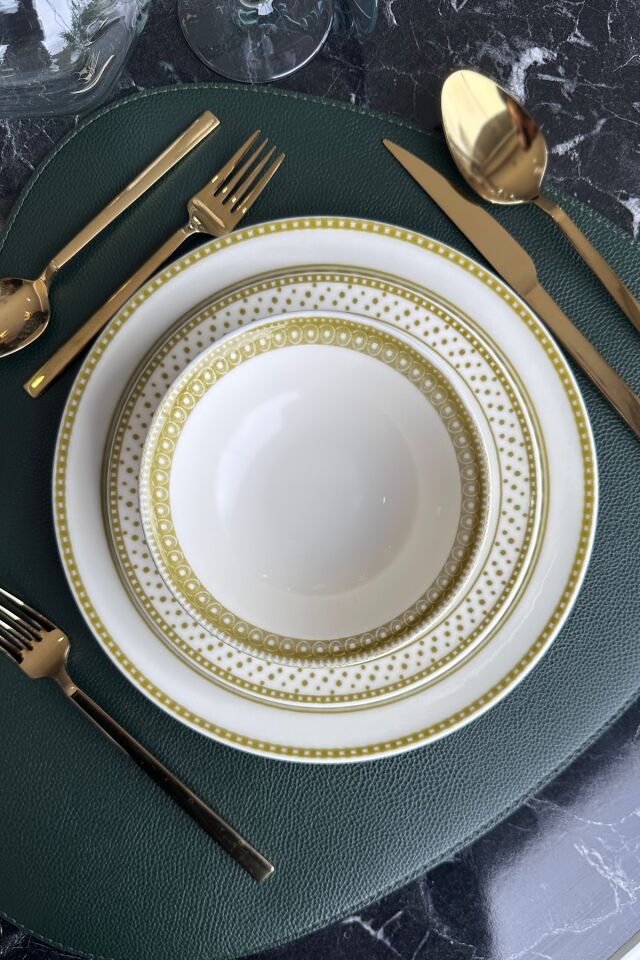 Verde 12 Parça 4 Kişilik Premium Porselen Yemek Takımı Özel Kesim Gri Gold Çiçek Desenli Yeşil