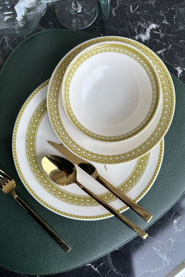 Verde 12 Parça 4 Kişilik Premium Porselen Yemek Takımı Özel Kesim Gri Gold Çiçek Desenli Yeşil