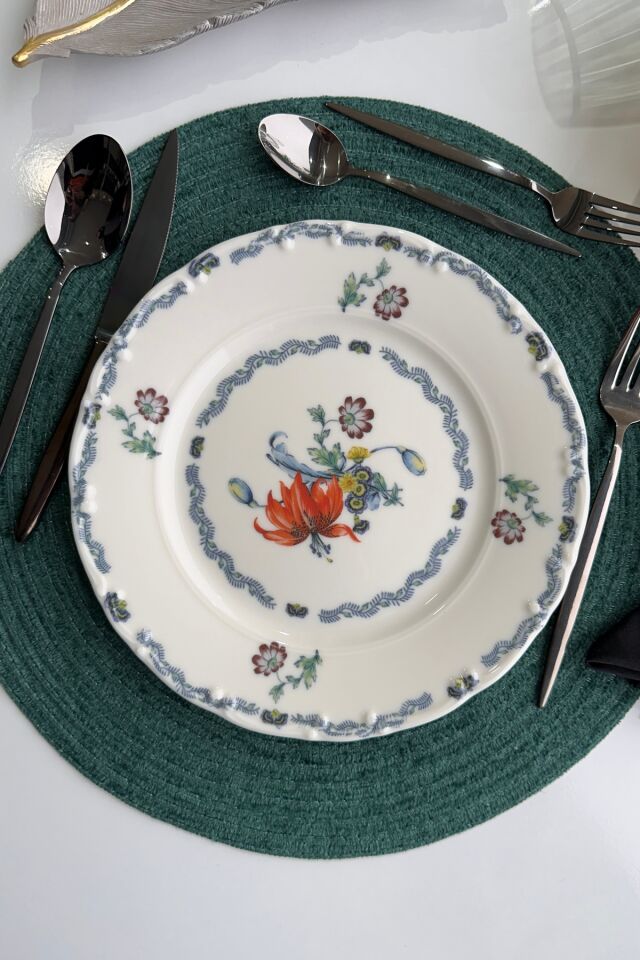 Old Town 12 Parça 4 Kişilik Premium Porselen Yemek Takımı Çiçek Desenli Mavi
