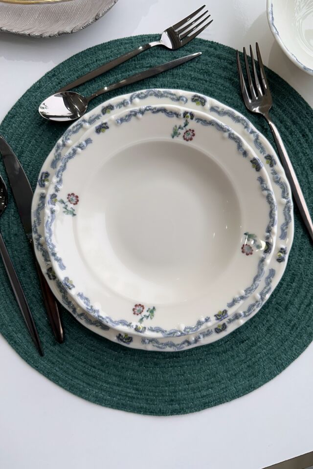 Old Town 12 Parça 4 Kişilik Premium Porselen Yemek Takımı Çiçek Desenli Mavi