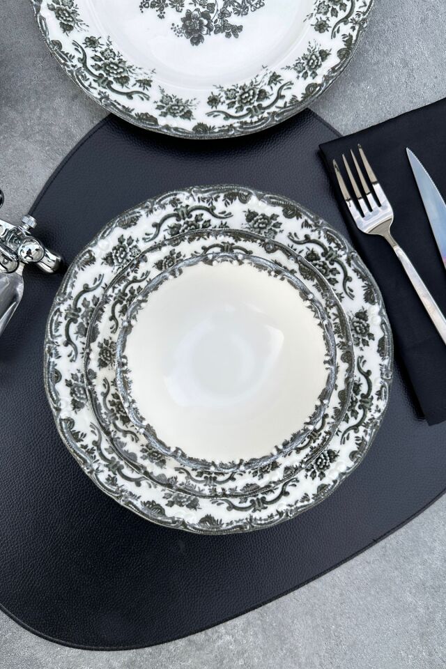Antique Black 12 Parça 4 Kişilik Premium Porselen Yemek Takımı Siyah Çiçek Desenli Siyah