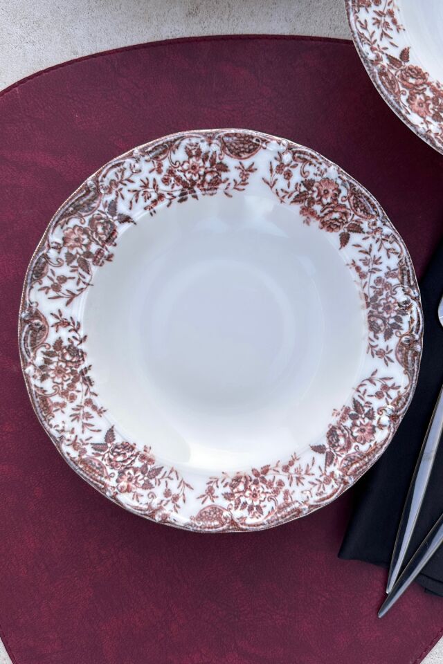 Antique Black 12 Parça 4 Kişilik Premium Porselen Yemek Takımı Siyah Çiçek Desenli Bordo