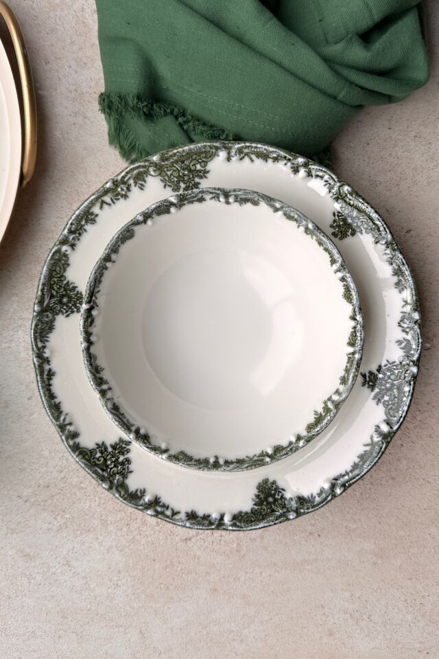 Antique Black 12 Parça 4 Kişilik Premium Porselen Yemek Takımı Siyah Çiçek Desenli Yeşil