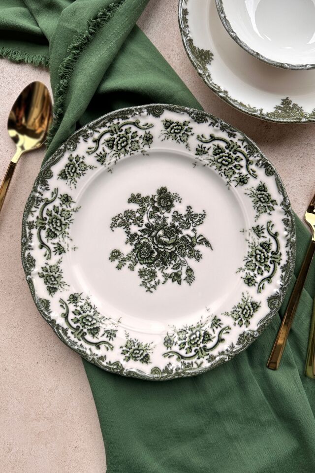 Antique Black 12 Parça 4 Kişilik Premium Porselen Yemek Takımı Siyah Çiçek Desenli Yeşil