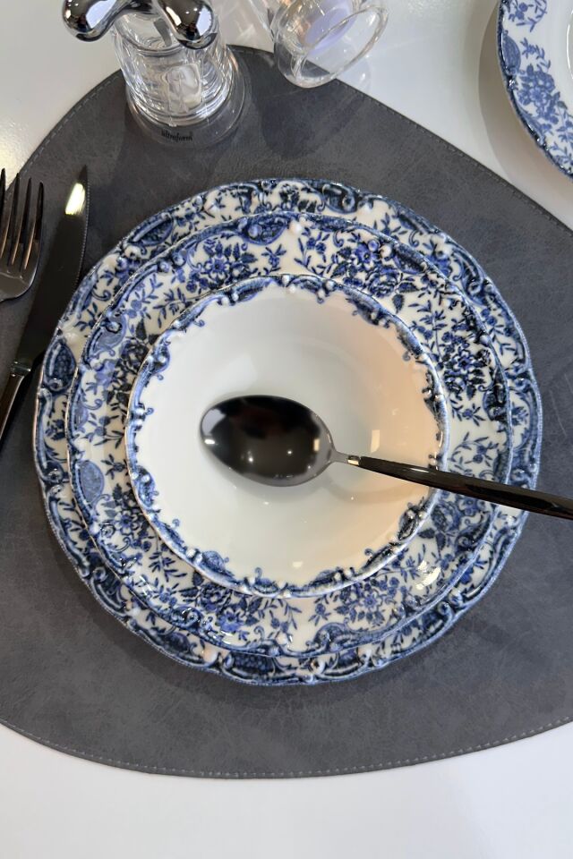Antique Black 12 Parça 4 Kişilik Premium Porselen Yemek Takımı Siyah Çiçek Desenli Mavi