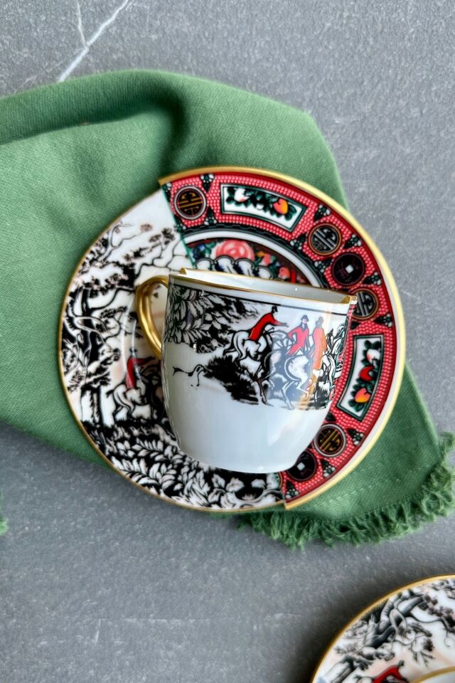 Black Honey Premium Porselen Çift Desenli İki Desenli İki Kişilik Fincan Takımı Özel Tasarım kırmızı kırmızı