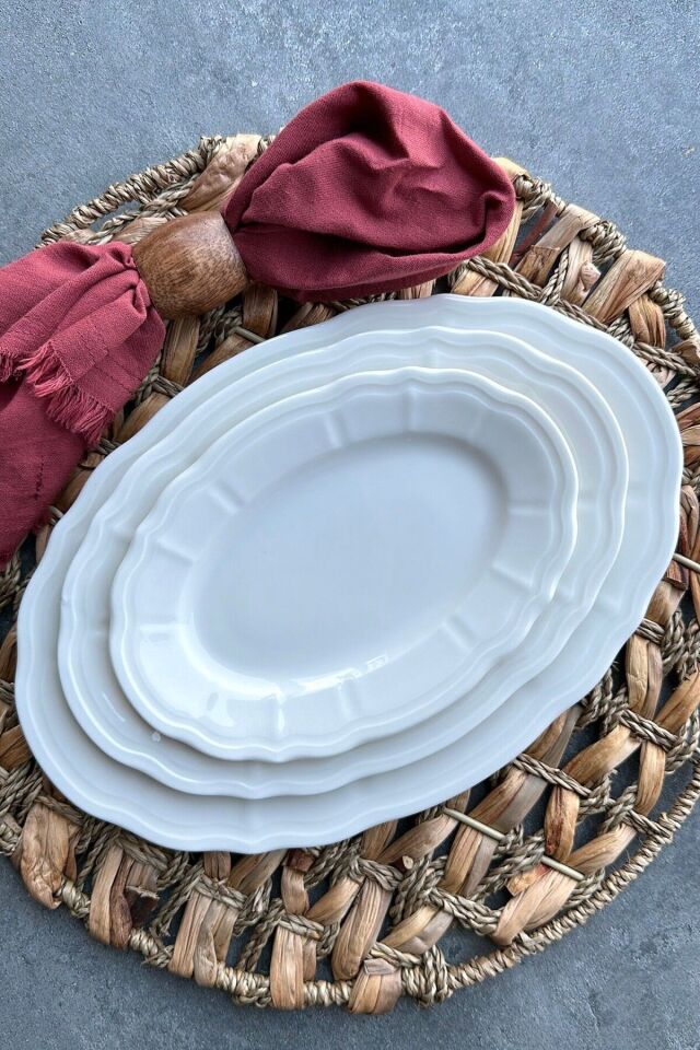 Perla Krem 2'li 25 cm Orta Boy Premium Porselen Sunumluk Kayık Tabak Seti Krem