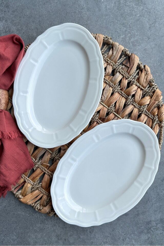 Perla Krem 2'li 25 cm Orta Boy Premium Porselen Sunumluk Kayık Tabak Seti Krem