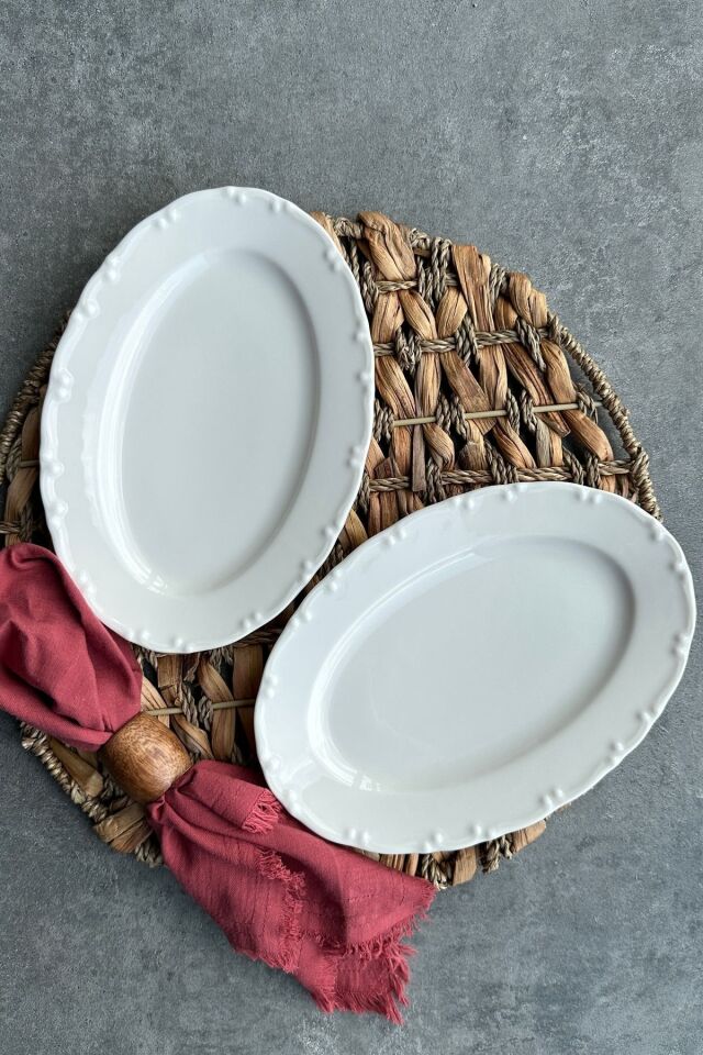 Lianna Krem 2'li 25 cm Orta Boy Meze Sunumluk Kayık Tabak Seti KREM