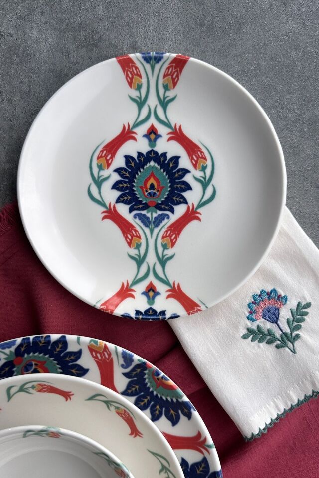 Verona Premium Porselen Yemek Takımı 24 Parça 6 Kişilik Yeşil Çiçek Desenli Mavi
