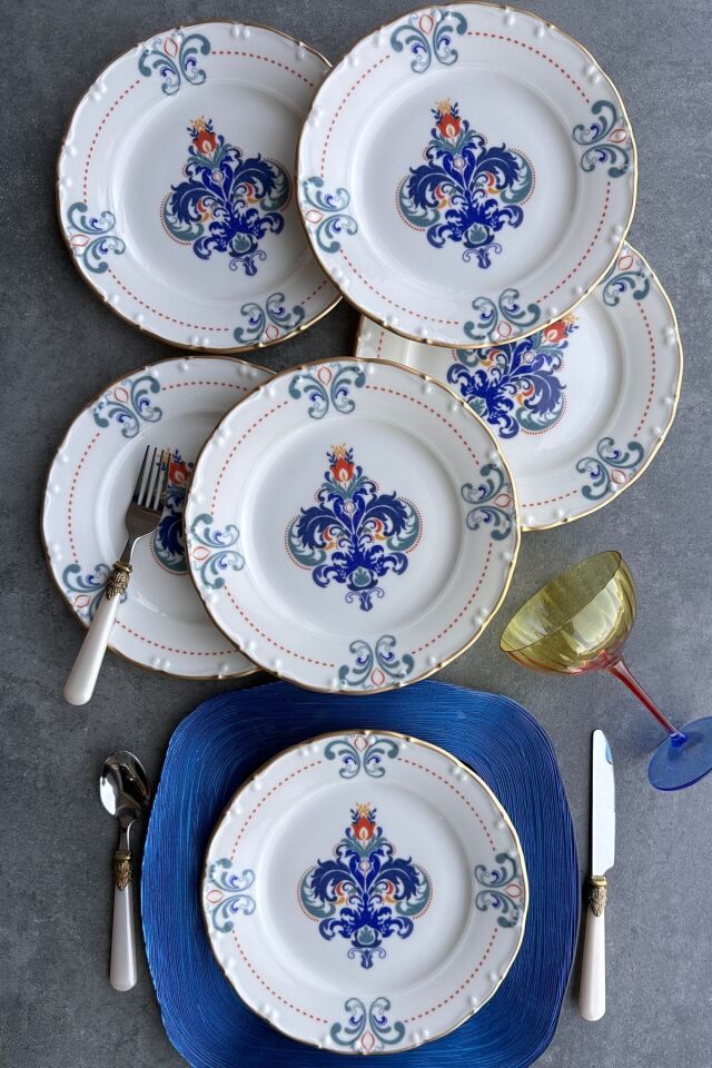 New Elizabeth Mat Altın Yaldızlı 6 Kişilik 25 Cm 6'lı Porselen Krem Sunum Servis Tabak Takımı Mavi