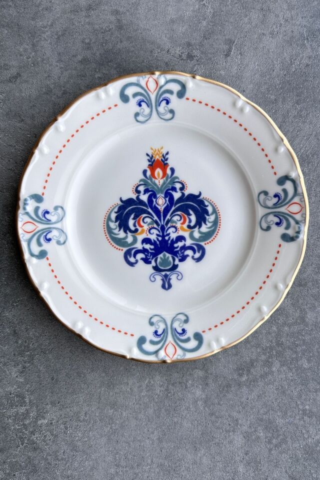 New Elizabeth Mat Altın Yaldızlı 6 Kişilik 25 Cm 6'lı Porselen Krem Sunum Servis Tabak Takımı Mavi