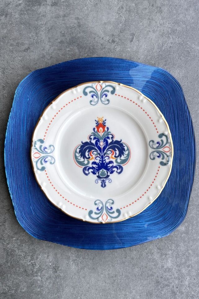New Elizabeth Mat Altın Yaldızlı 6 Kişilik 25 Cm 6'lı Porselen Krem Sunum Servis Tabak Takımı Mavi