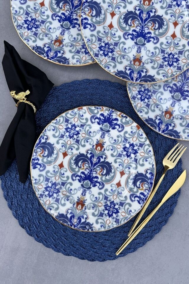 New Elizabeth Mat Altın Yaldızlı 6 Kişilik 25 Cm 6'lı Porselen Krem Sunum Servis Tabak Takımı KREM