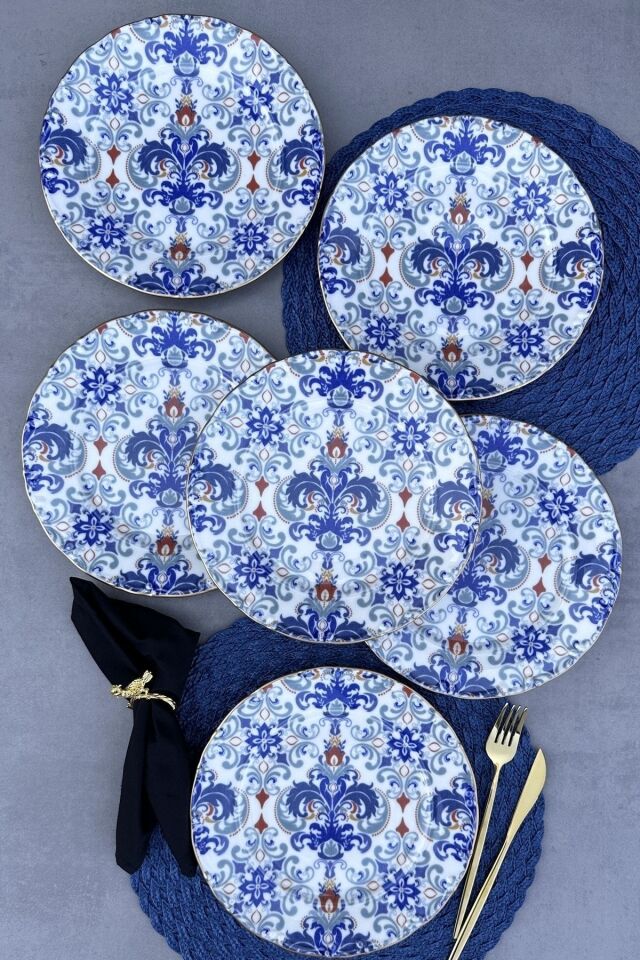 New Elizabeth Mat Altın Yaldızlı 6 Kişilik 25 Cm 6'lı Porselen Krem Sunum Servis Tabak Takımı KREM