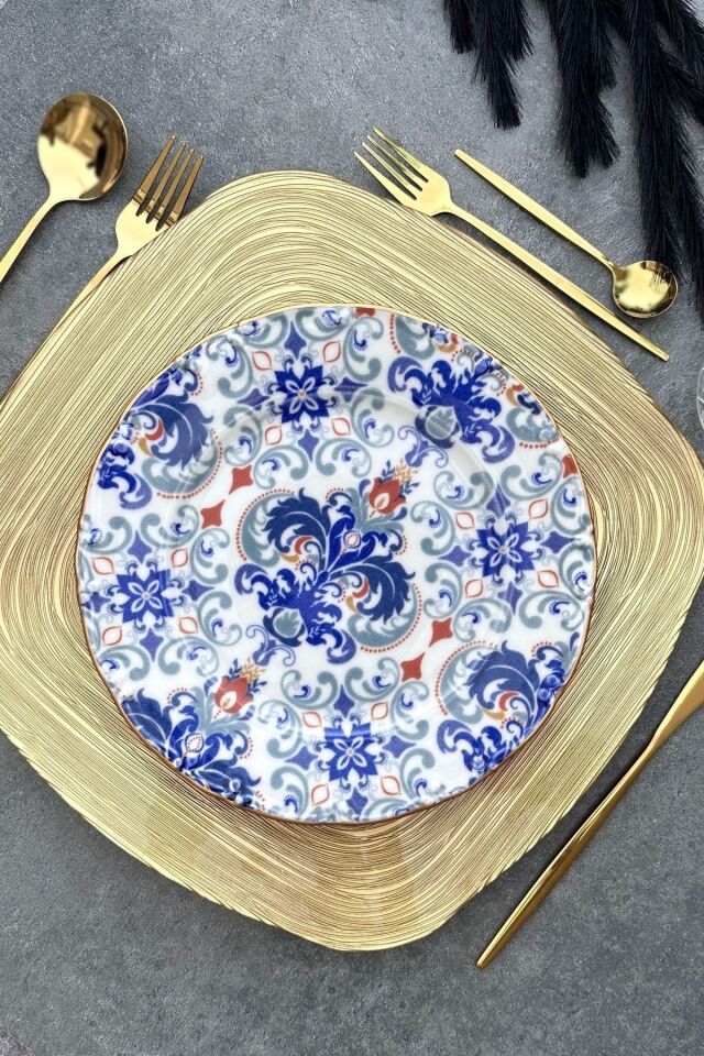 New Elizabeth Mat Altın Yaldızlı 6 Kişilik 25 Cm 6'lı Porselen Krem Sunum Servis Tabak Takımı KREM