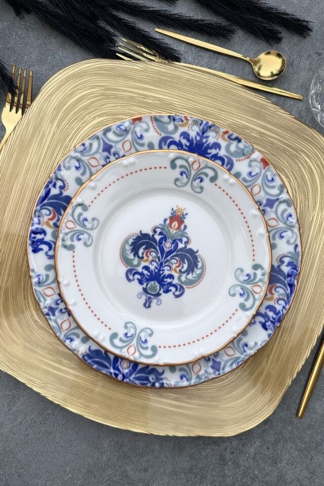 New Elizabeth 24 Parça 6 Kişilik Mat Gold Yaldızlı Özel Tasarım Porselen Yemek Takımı KREM