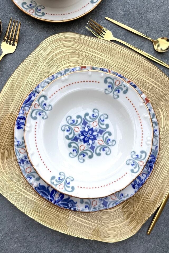 New Elizabeth 24 Parça 6 Kişilik Mat Gold Yaldızlı Özel Tasarım Porselen Yemek Takımı KREM