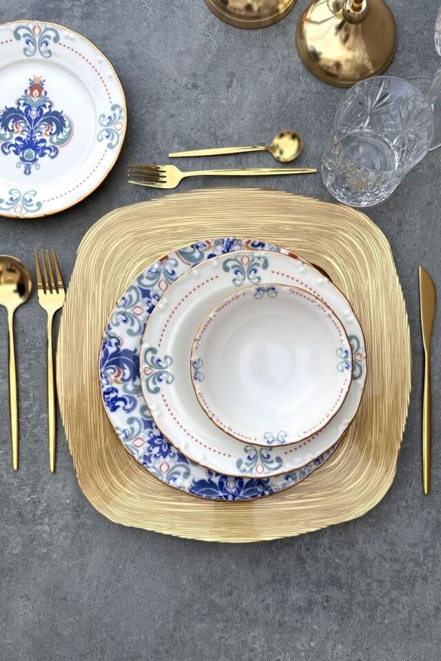 New Elizabeth 24 Parça 6 Kişilik Mat Gold Yaldızlı Özel Tasarım Porselen Yemek Takımı KREM