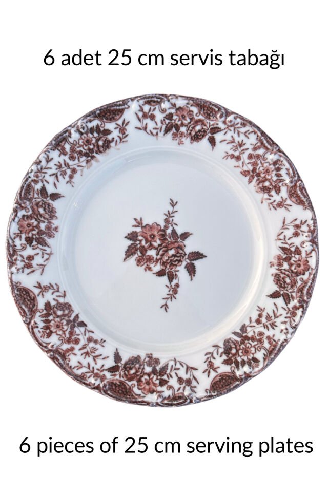 Vintage Rose 6 Kişilik 25 Cm Premium Porselen 6'lı Servis Tabağı Takımı Özel Tasarım Bordo