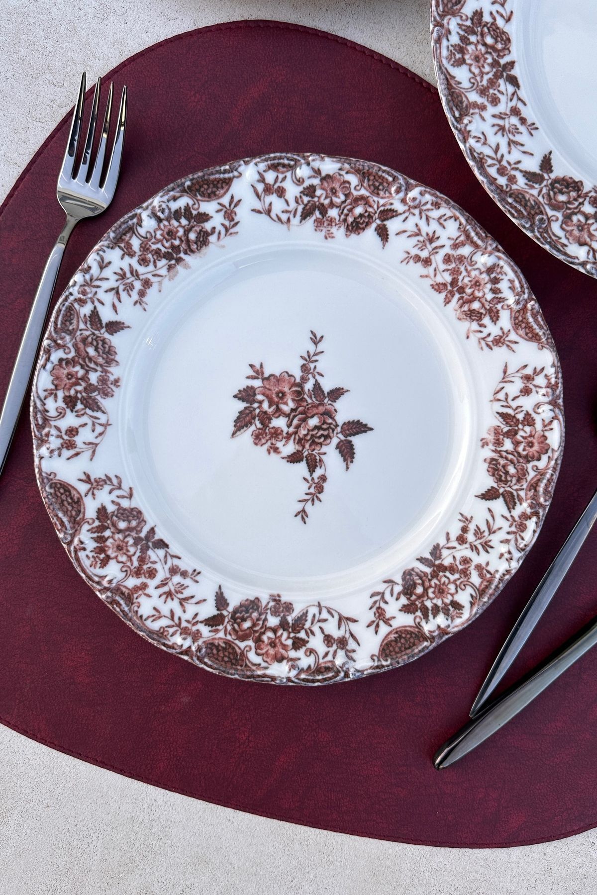 Vintage Rose 6 Kişilik 25 Cm Premium Porselen 6'lı Servis Tabağı Takımı Özel Tasarım Bordo
