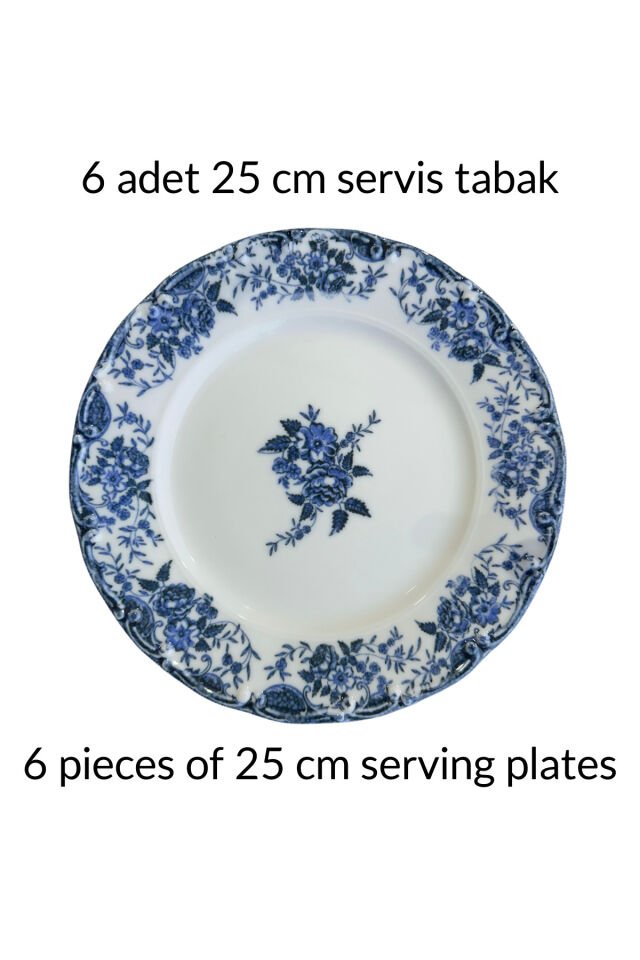 Vintage Rose 6 Kişilik 25 Cm Premium Porselen 6'lı Servis Tabağı Takımı Özel Tasarım MAVİ