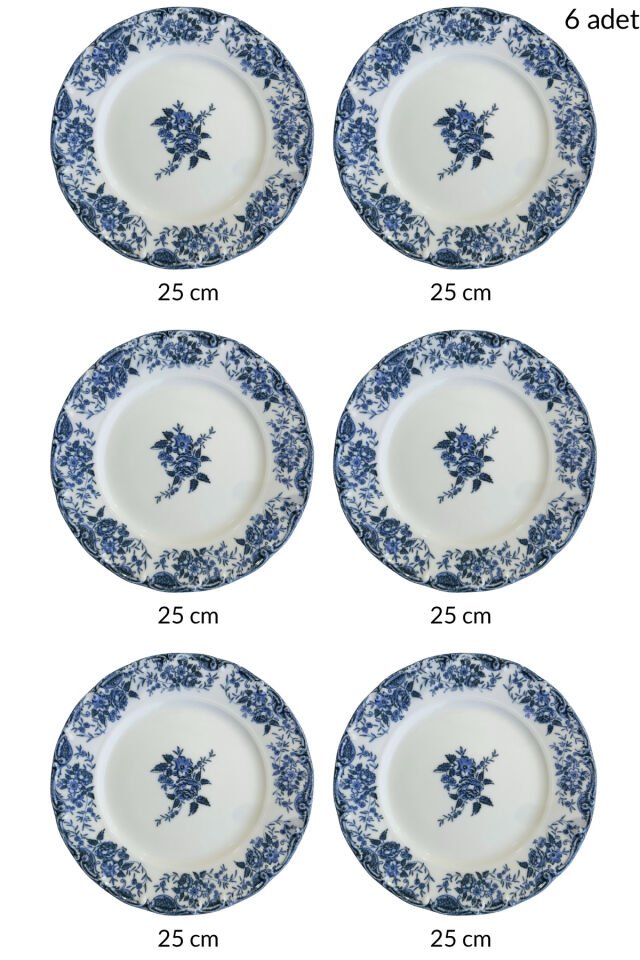 Vintage Rose 6 Kişilik 25 Cm Premium Porselen 6'lı Servis Tabağı Takımı Özel Tasarım MAVİ