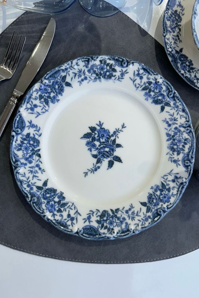 Vintage Rose 6 Kişilik 25 Cm Premium Porselen 6'lı Servis Tabağı Takımı Özel Tasarım MAVİ