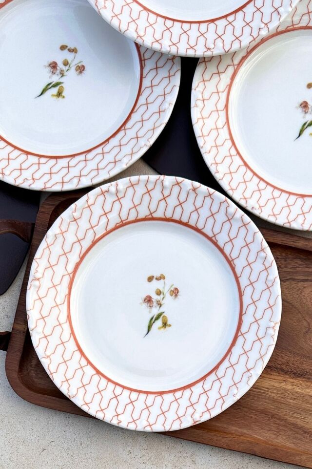 Pastisserie 6 kişilik 19 cm Özel Tasarım Premium Porselen Çiçekli Pasta Tabağı Takımı KİREMİT RENGİ