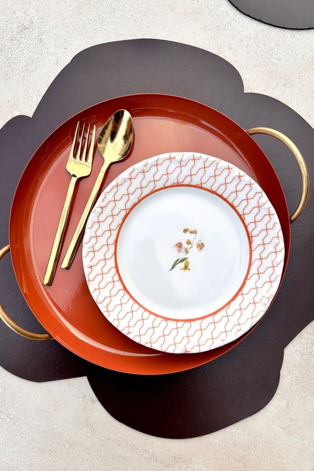 Pastisserie 6 kişilik 19 cm Özel Tasarım Premium Porselen Çiçekli Pasta Tabağı Takımı KİREMİT RENGİ