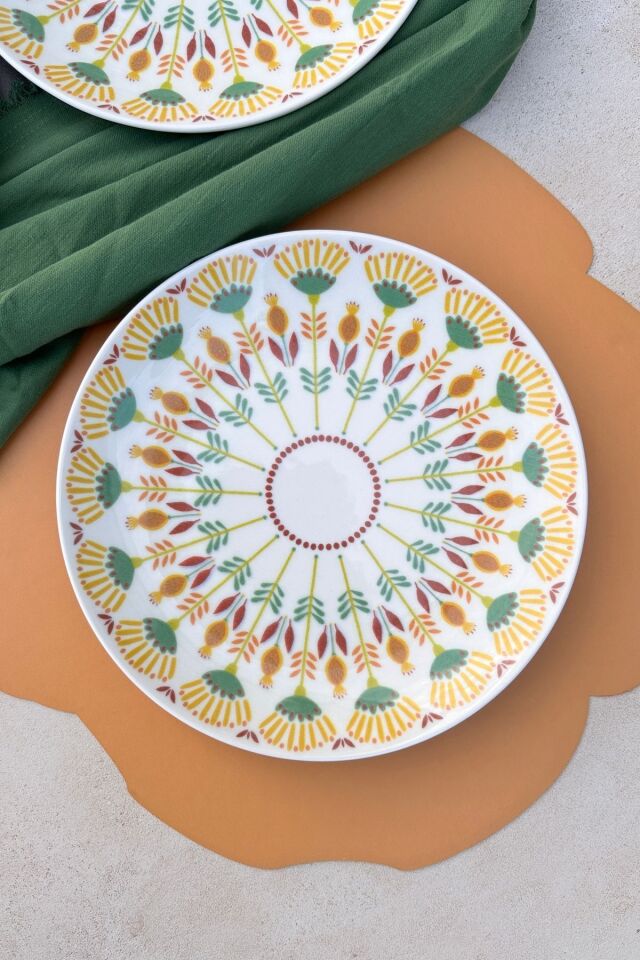 Adelia 6 Kişilik 25 Cm Porselen Günlük Yeşil Turuncu Etnik Geometrik Servis Tabak Takımı YEŞİL