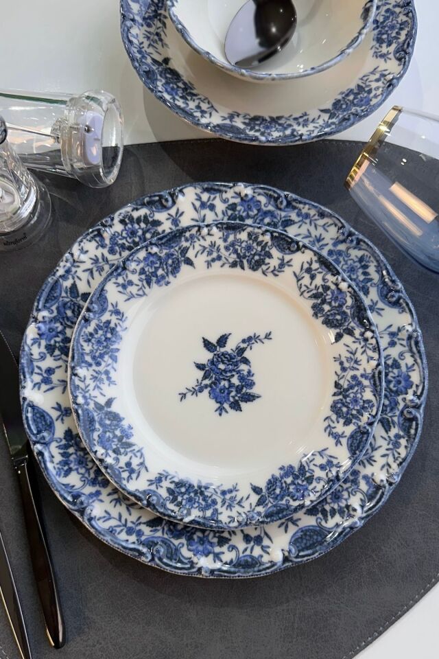 Vintage Blue 24 Parça 6 Kişilik Premium Porselen Yemek Takımı Mavi Çiçekli Mavi