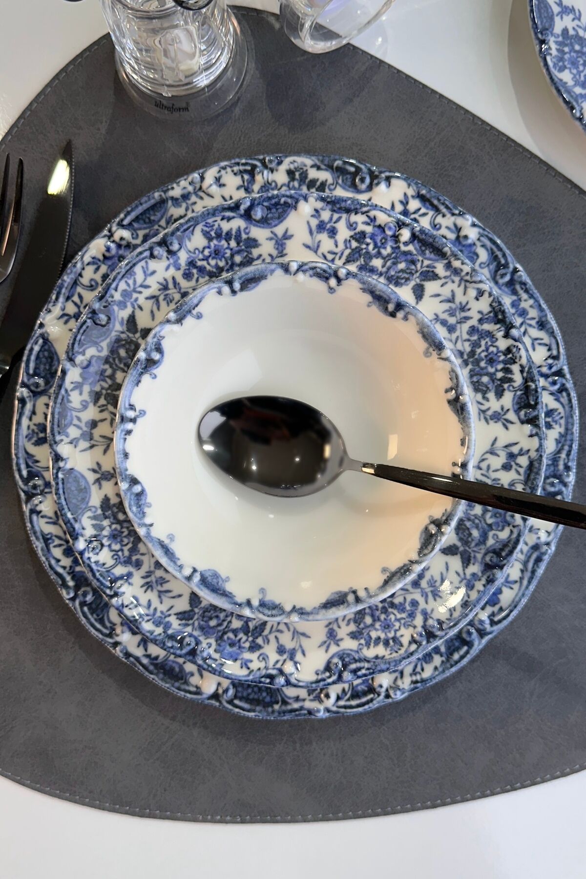 Vintage Blue 24 Parça 6 Kişilik Premium Porselen Yemek Takımı Mavi Çiçekli Mavi