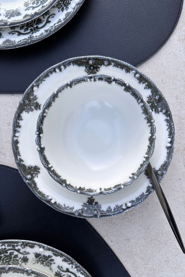 Antique Black 6 kişilik 14 cm Özel Tasarım Premium Porselen Çorba Kasesi Takımı Siyah SİYAH