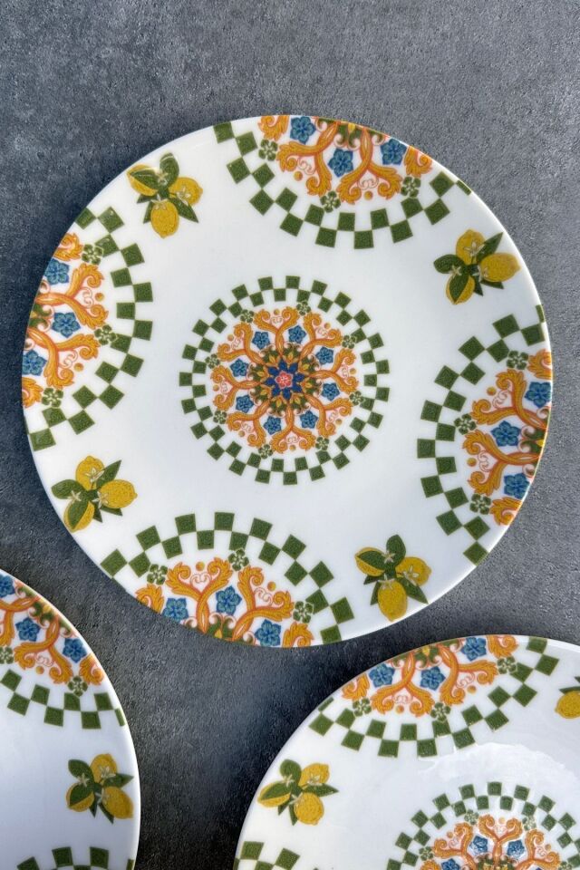 Capri 6 kişilik 19 cm limon desenli porselen pasta sunum tabak takımı Yeşil