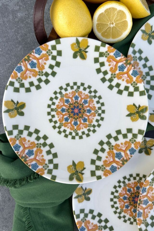 Capri 6 kişilik 19 cm limon desenli porselen pasta sunum tabak takımı Yeşil