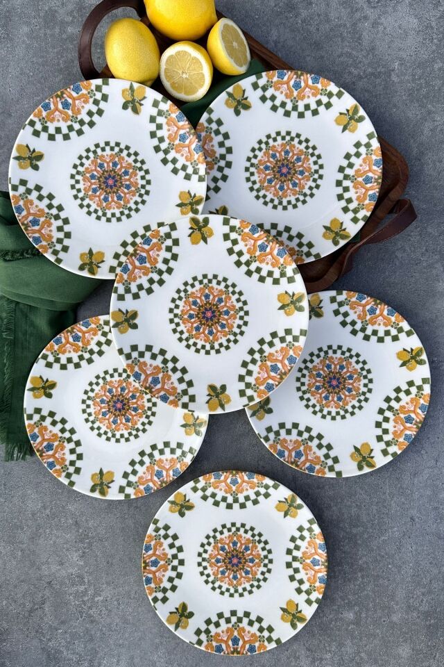 Capri 6 kişilik 19 cm limon desenli porselen pasta sunum tabak takımı Yeşil