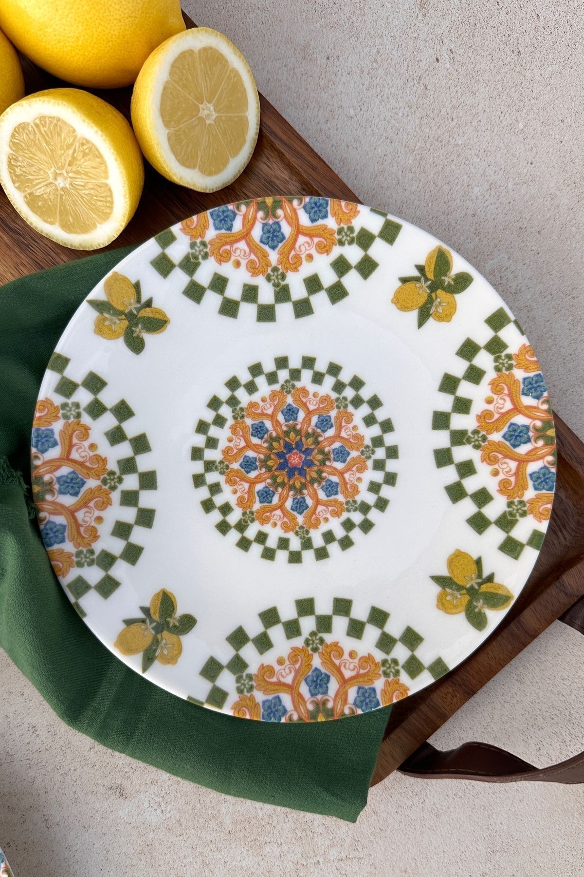 Capri 6 kişilik 19 cm limon desenli porselen pasta sunum tabak takımı Yeşil