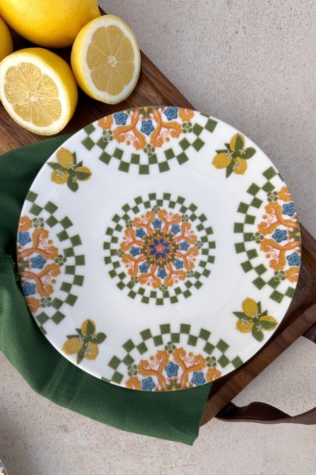 Capri 6 kişilik 19 cm limon desenli porselen pasta sunum tabak takımı Yeşil