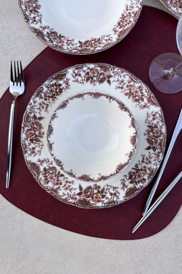 Vintage Rose 24 Parça 6 Kişilik Premium Porselen Yemek Takımı Bordo KIRMIZI