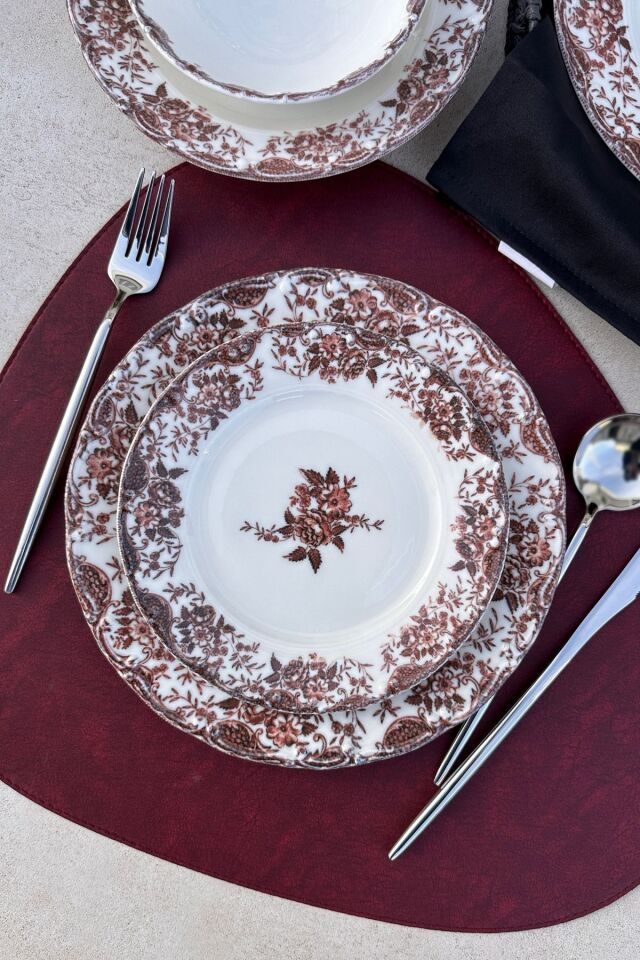 Vintage Rose 24 Parça 6 Kişilik Premium Porselen Yemek Takımı Bordo KIRMIZI