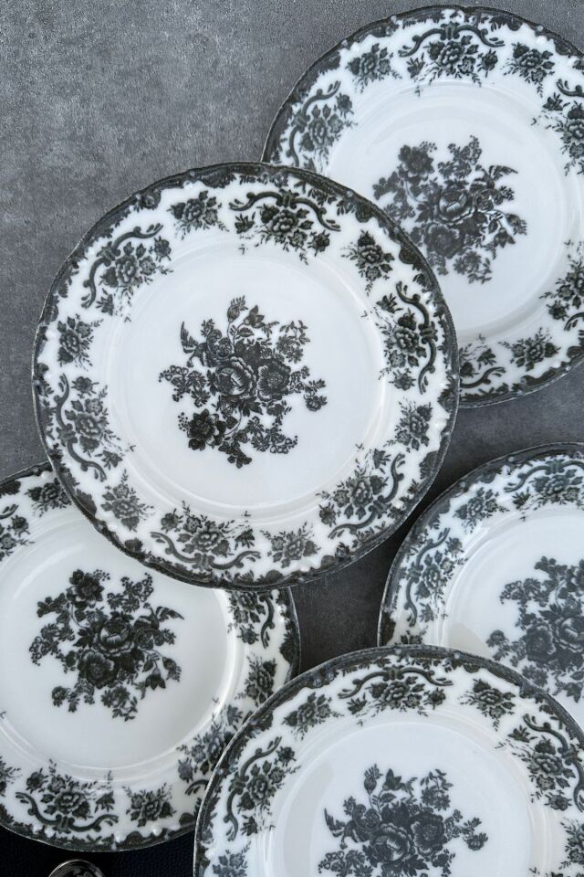 Antique Black 6 kişilik 19 cm Özel Tasarım Premium Porselen Pasta Tabağı Takımı SİYAH