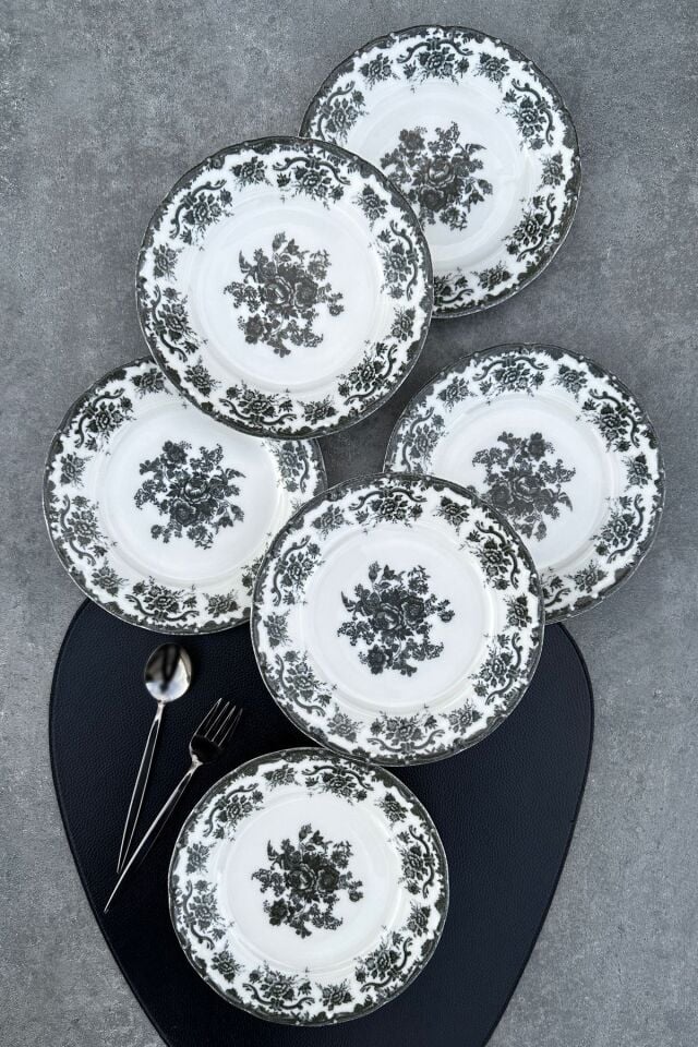 Antique Black 6 kişilik 19 cm Özel Tasarım Premium Porselen Pasta Tabağı Takımı SİYAH
