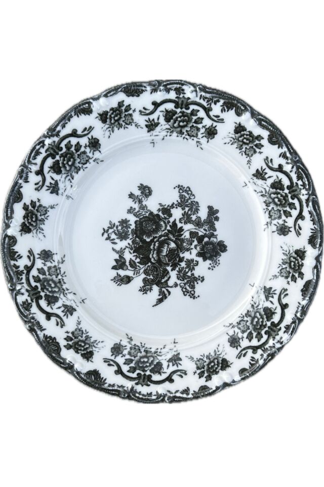 Antique Black 6 kişilik 25 cm Özel Tasarım Premium Porselen Servis Tabağı Takımı SİYAH
